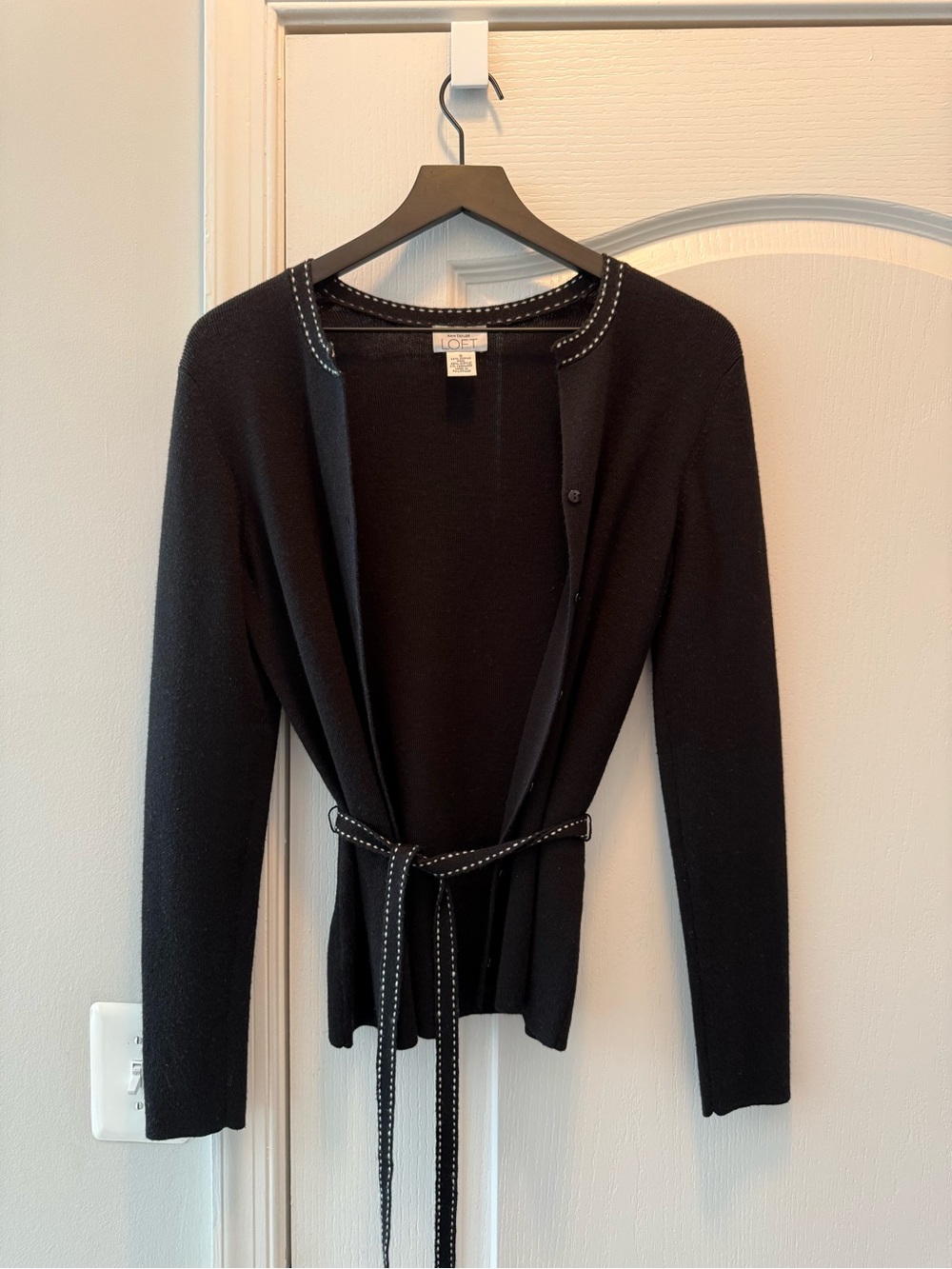 LOFT Black Long-Sleeve Belted Cardigan with Contrast Stitching